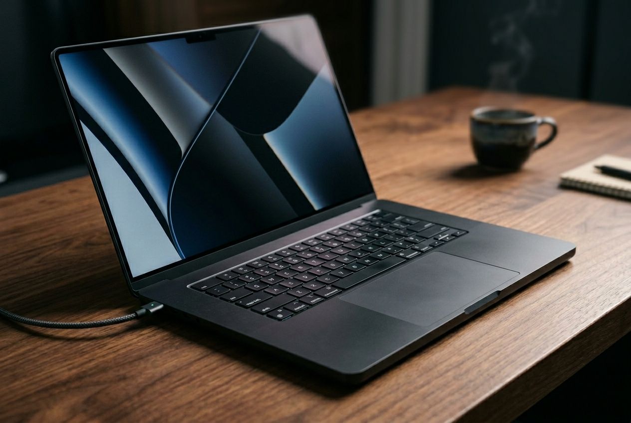 MacBook Pro aberto na bancada